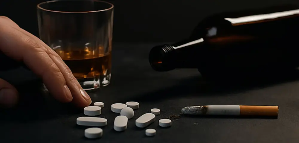 alkoholi pudel ja tabletid sõltuvuse sümbolina